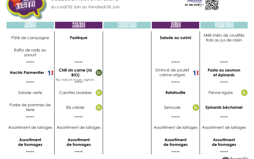 Menus du 02 au 06 juin