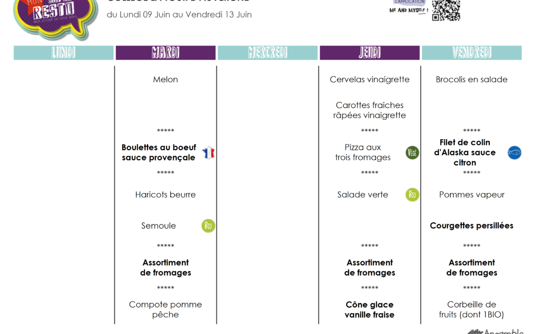 Menus du 10 au 13 juin
