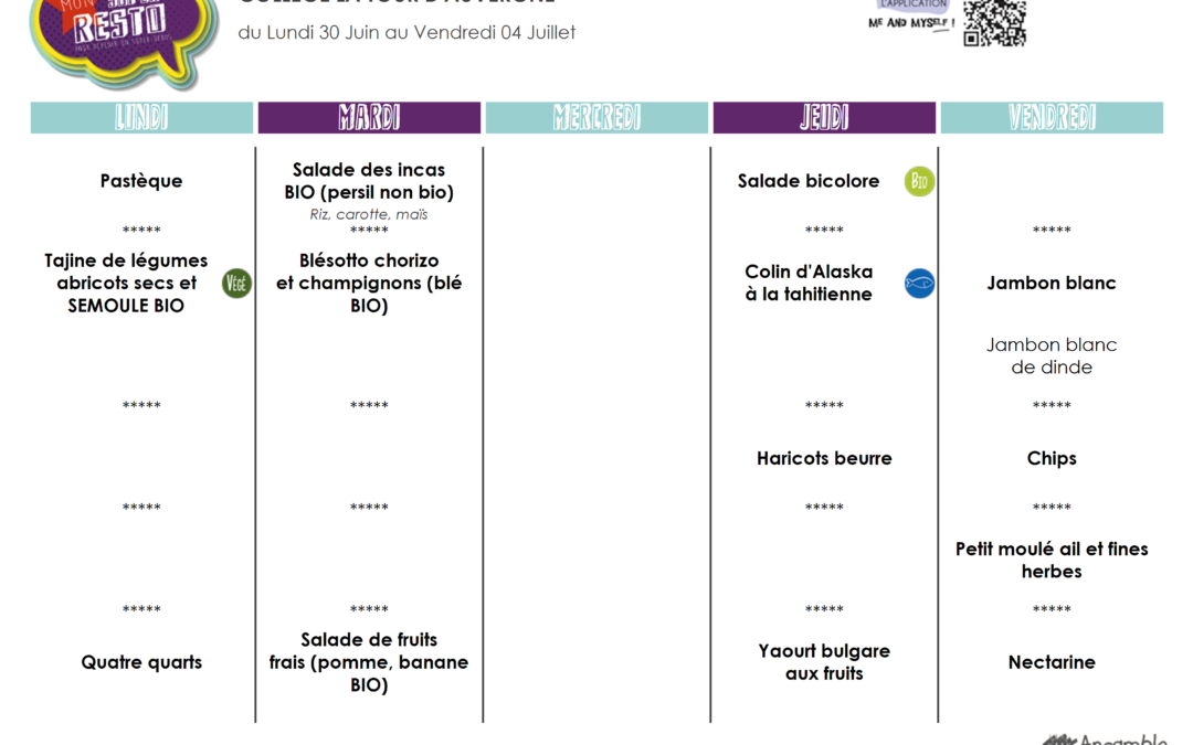 Menu du 30 juin au 04 juillet