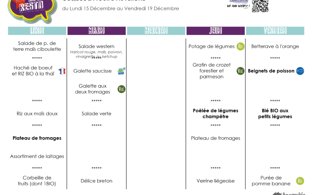 Menu du 15 au 19 décembre