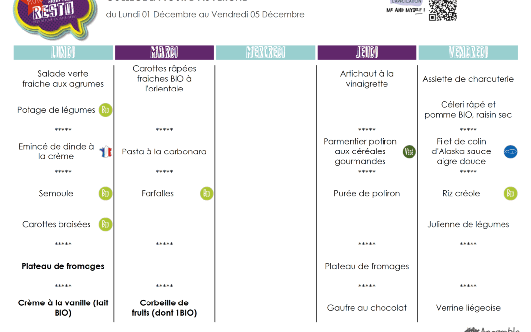 Menu du 1er au 05 décembre
