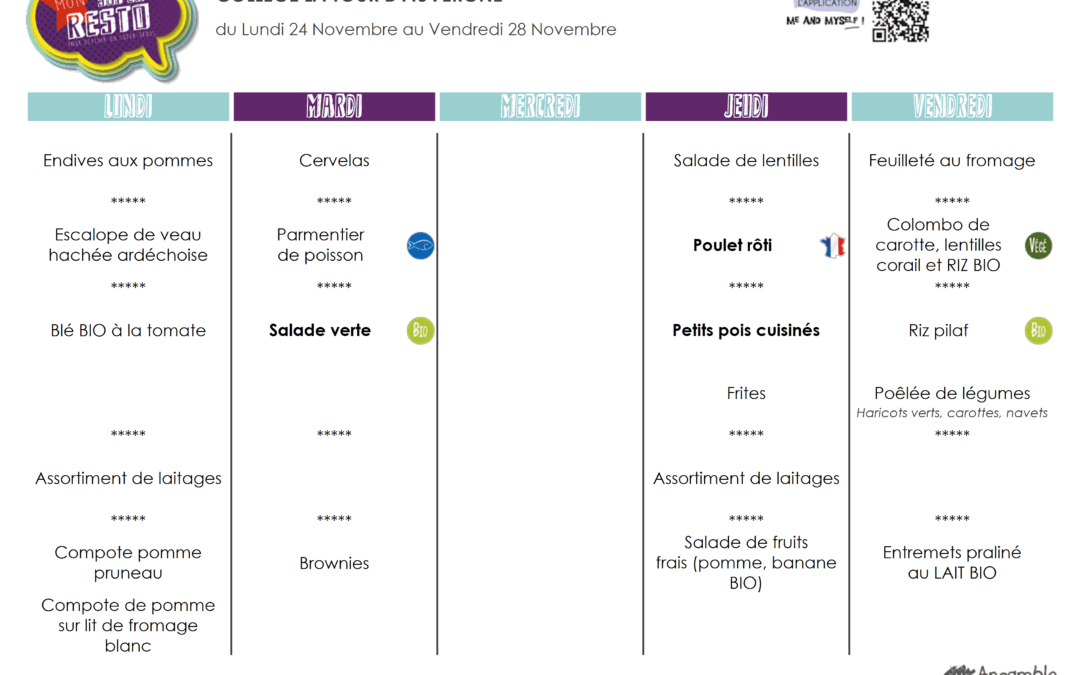 Menu du 24 au 28 novembre