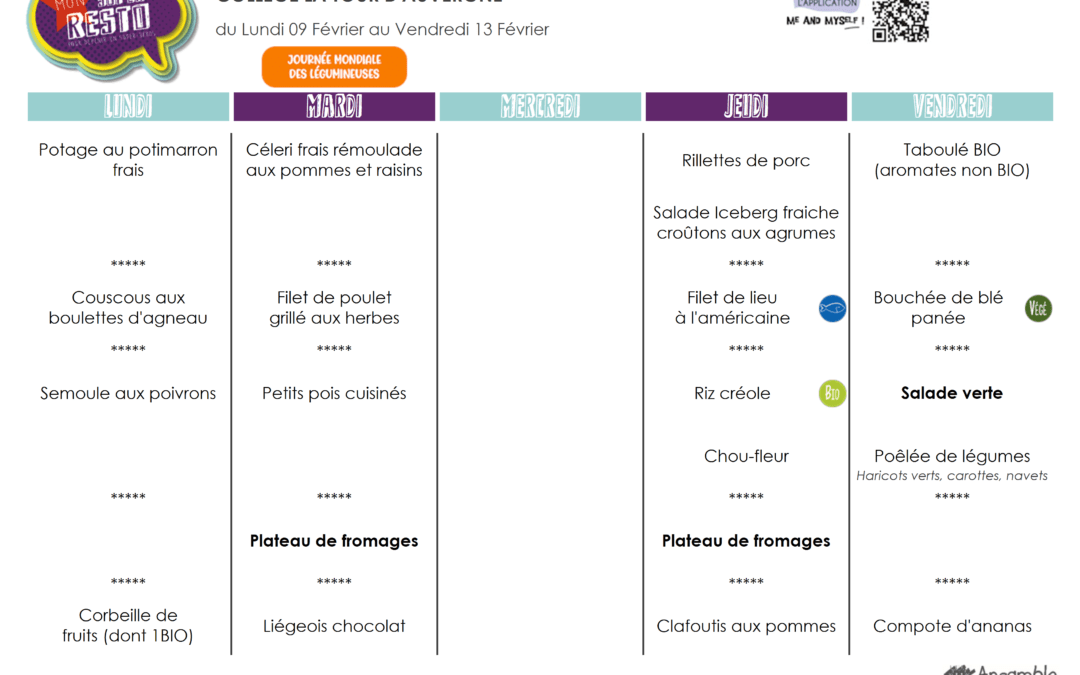 Menu du 09 au 13 février
