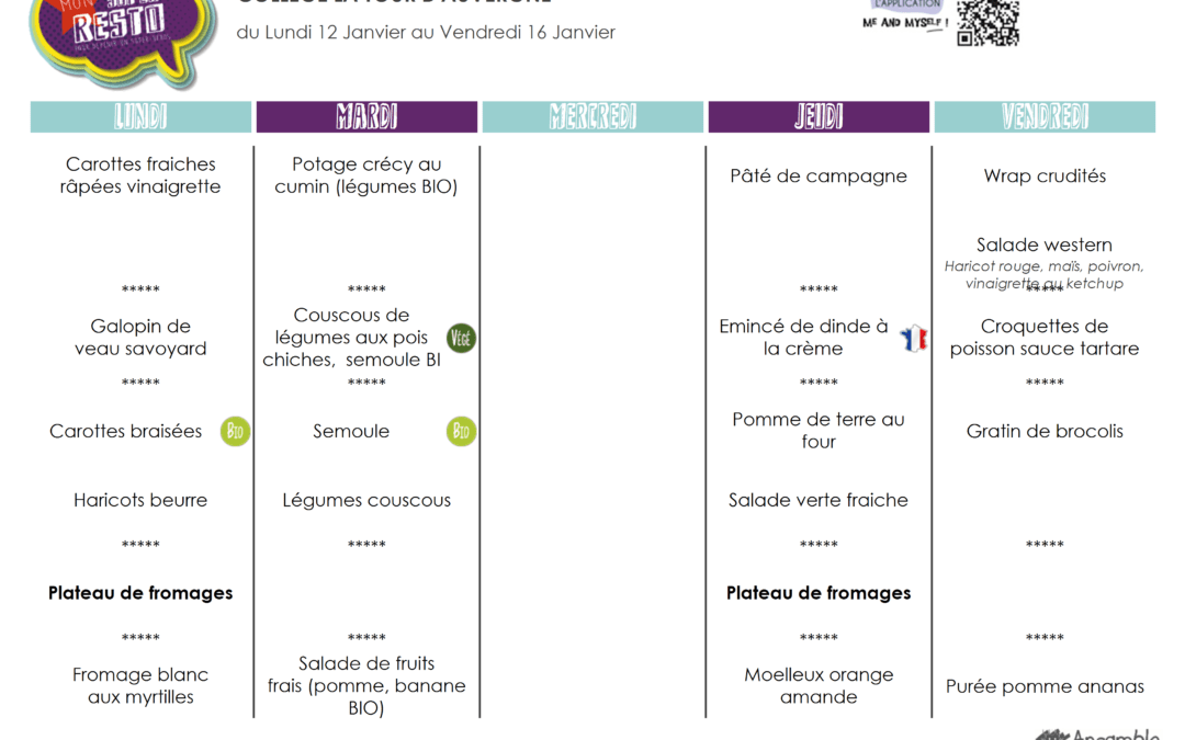 Menu du 12 au 16 janvier