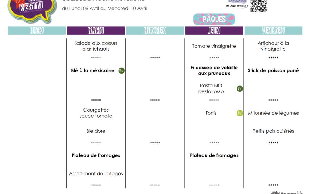 Menu du 06 au 10 avril