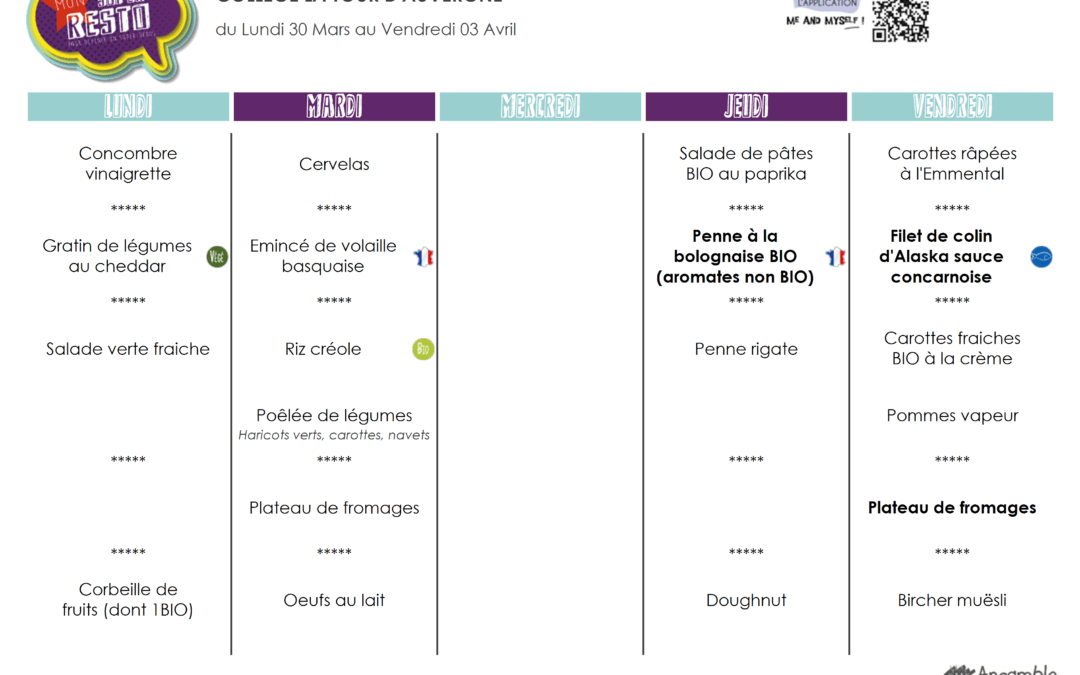 Menu du 30 mars au 03 avril