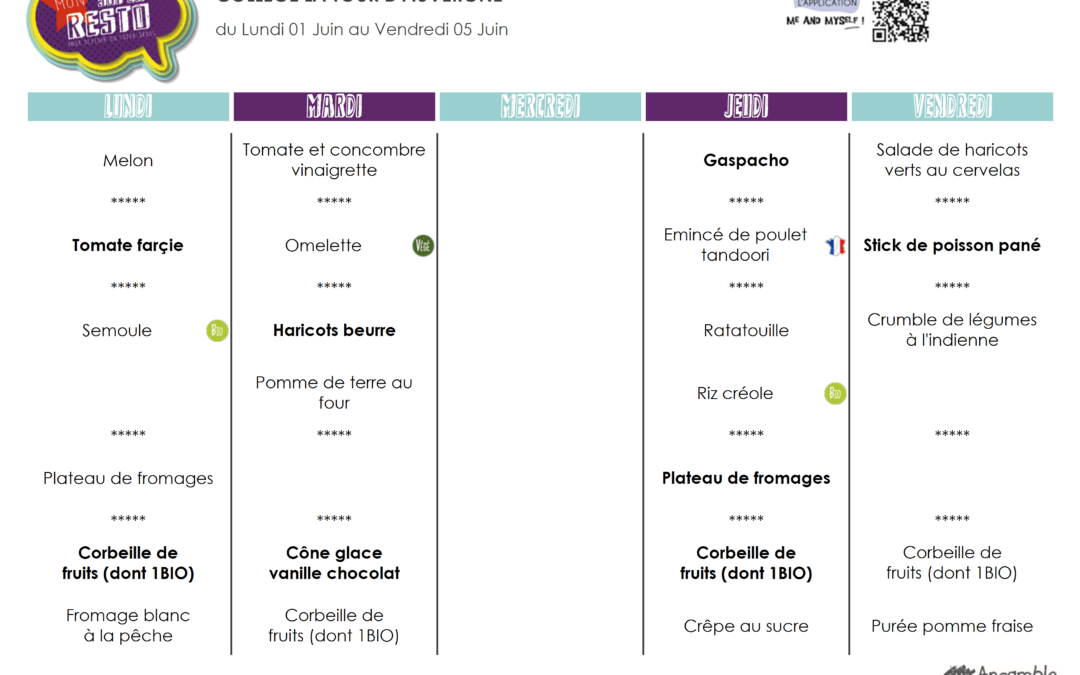 Menu du 1er au 05 juin