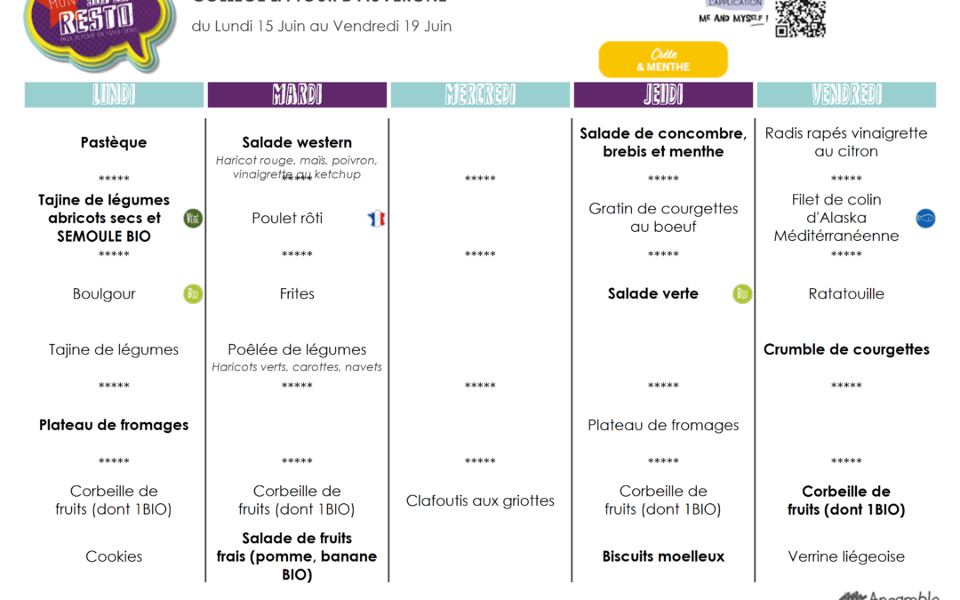 Menu du 15 au 19 juin