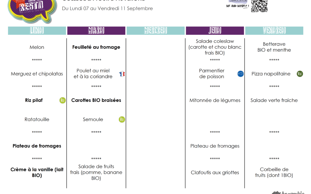 Menu du 07 au 11 septembre