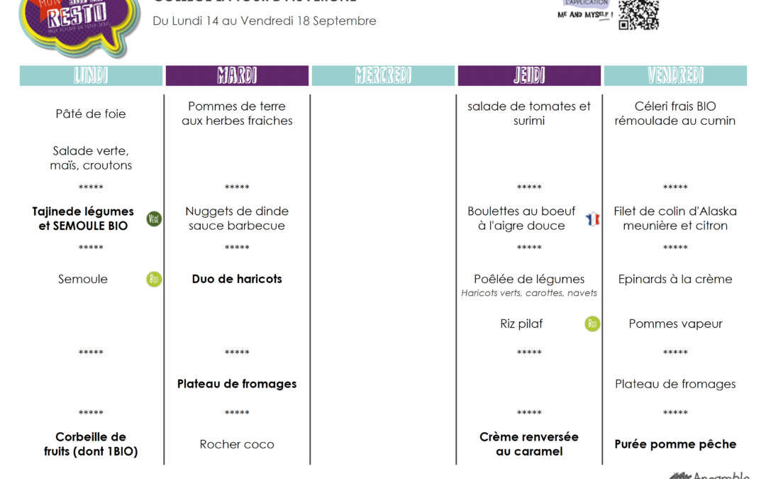Menu du 14 au 18 septembre