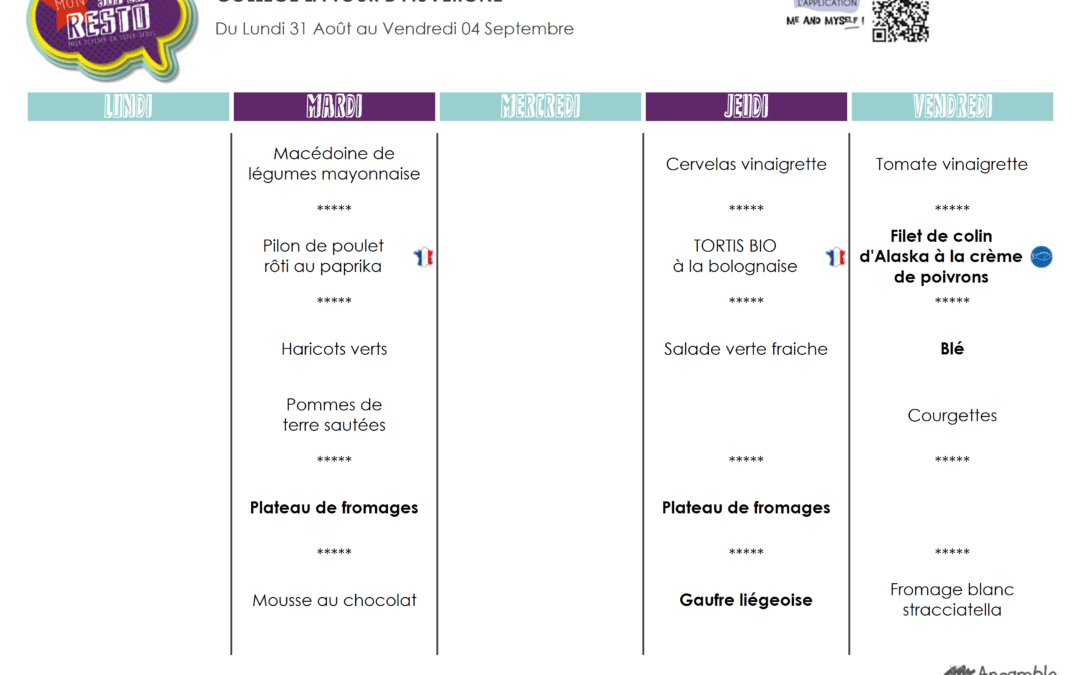 Menu du 1er au 04 septembre
