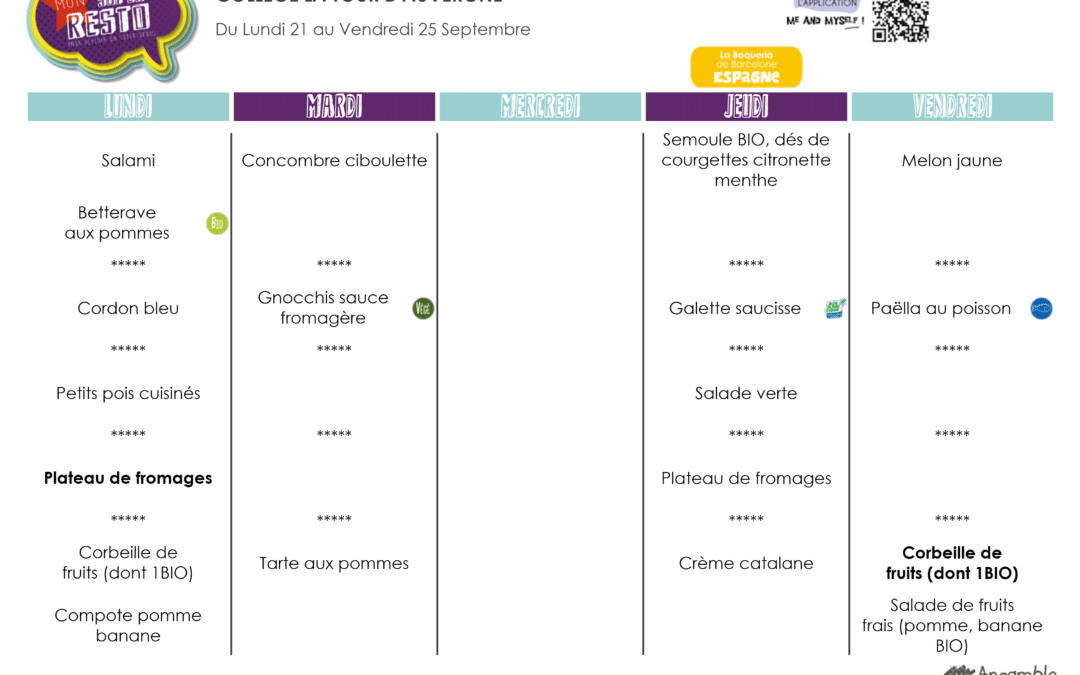 Menu du 21 au 25 septembre