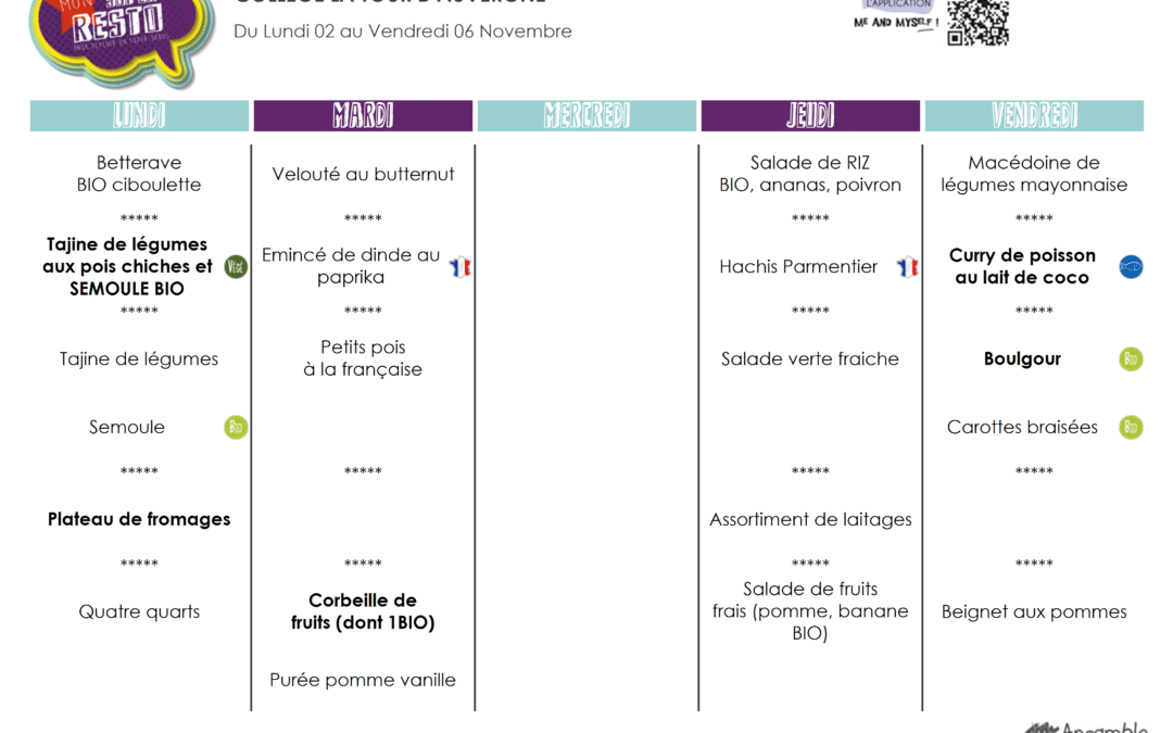 Menu du 02 au 06 novembre