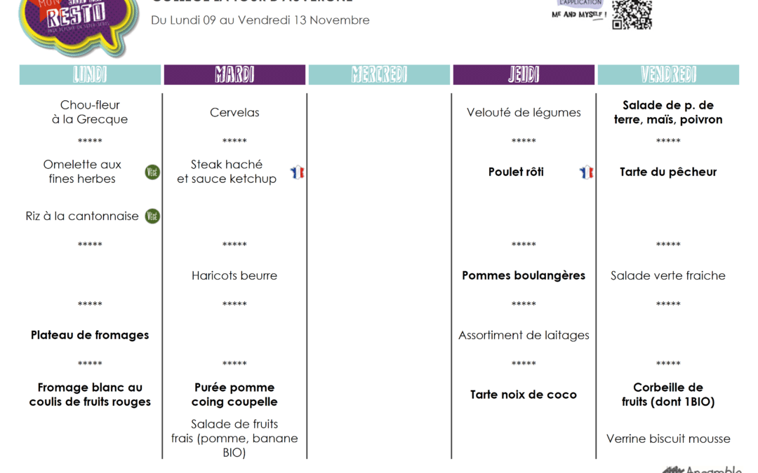 Menu du 09 au 13 novembre